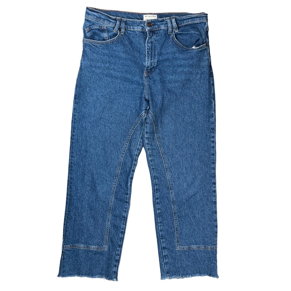Free People We The Free Risk Taker Straight Leg Jeans Women 32 Blue Raw Hem Boho